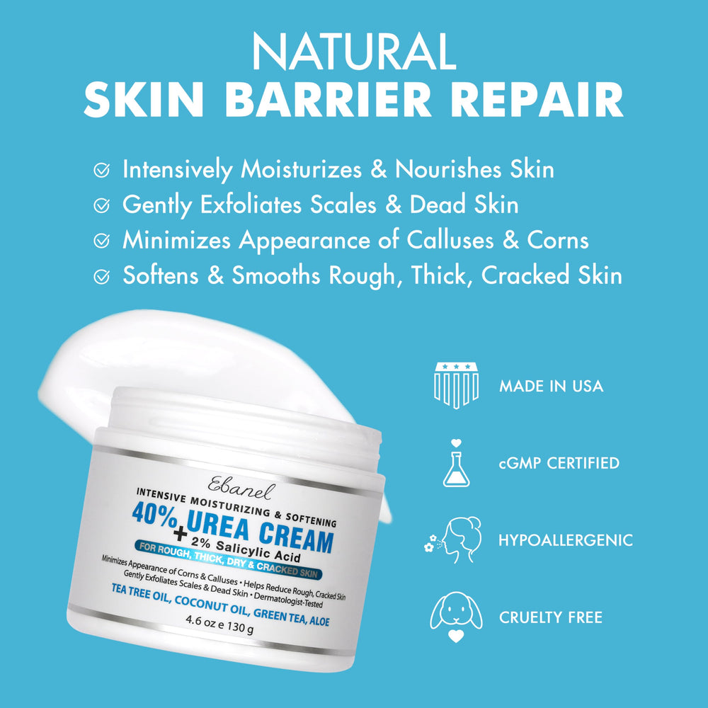 Ebanel Urea Cream 40% infused with tea tree oil for soothing feet.