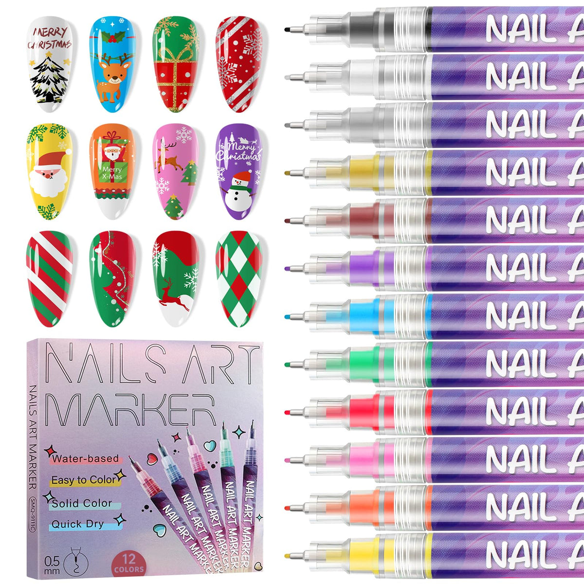 EBANKU 12-color nail art pens color palette for vibrant home manicures