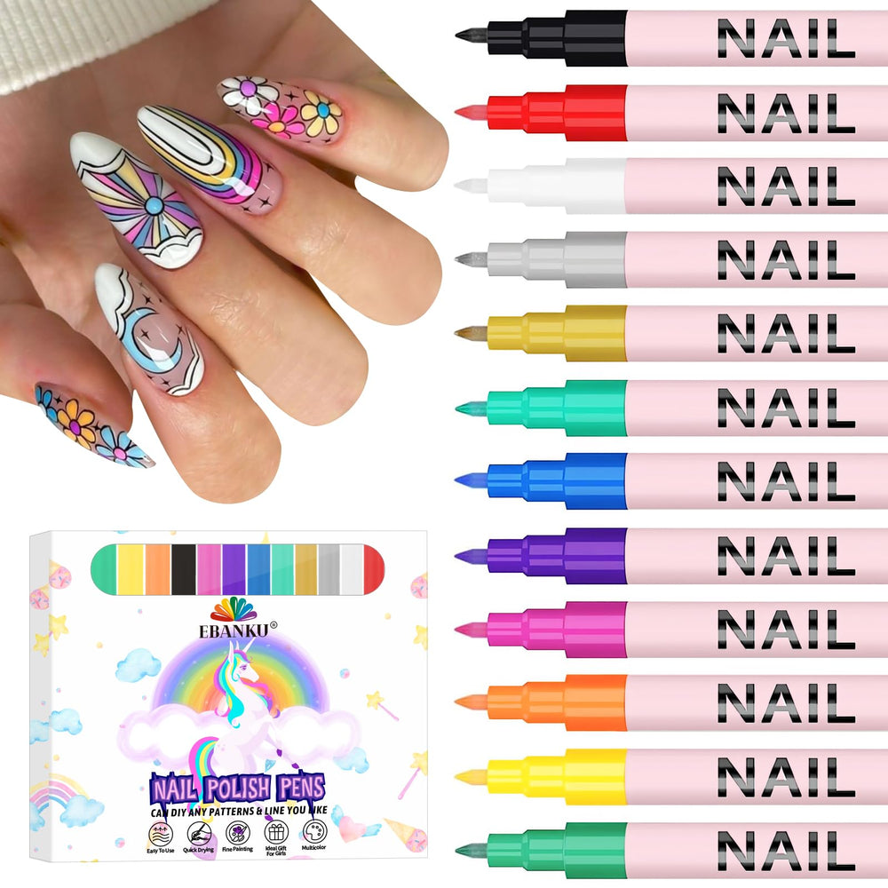 EBANKU 12-color nail art pens packaging showing vibrant range for DIY nails