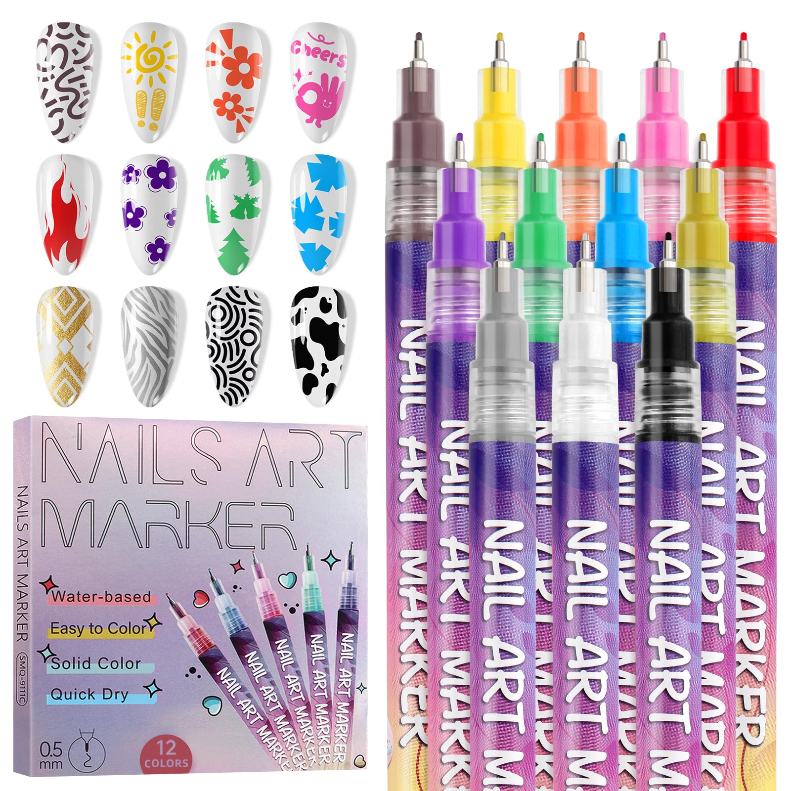 EBANKU 12 colors nail art pens set in packaging for easy access.