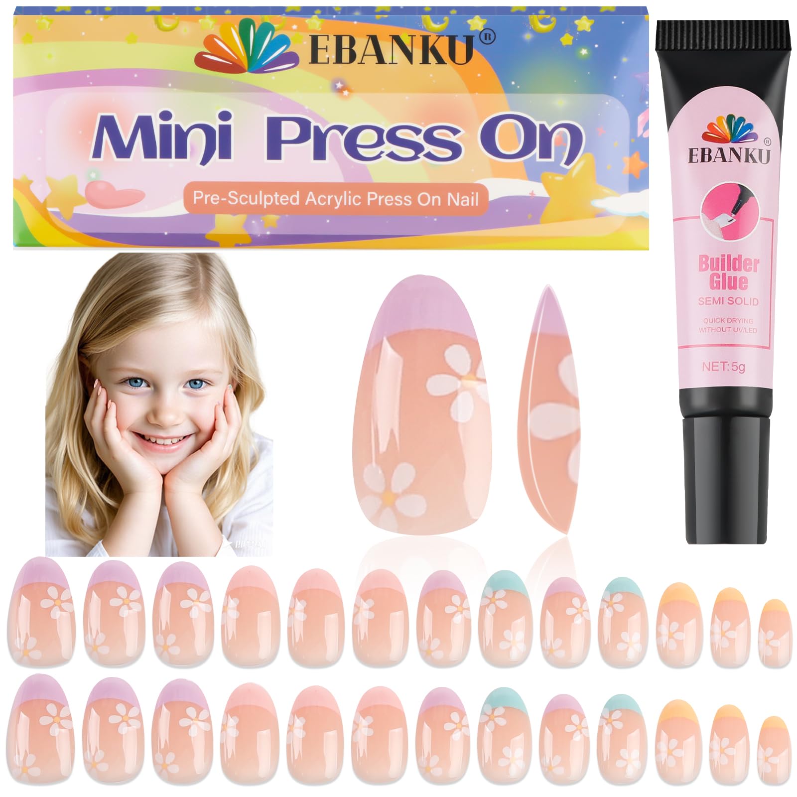 EBANKU 26-piece kids press-on nails pink flower set for easy, mess-free nail art.