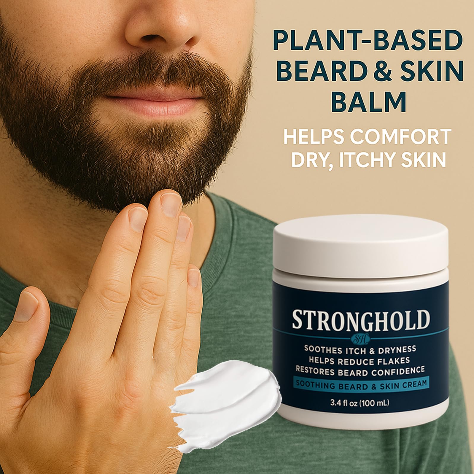 EBEHDOQ Stronghold Beard Cream closeup highlights natural shine and manageability.