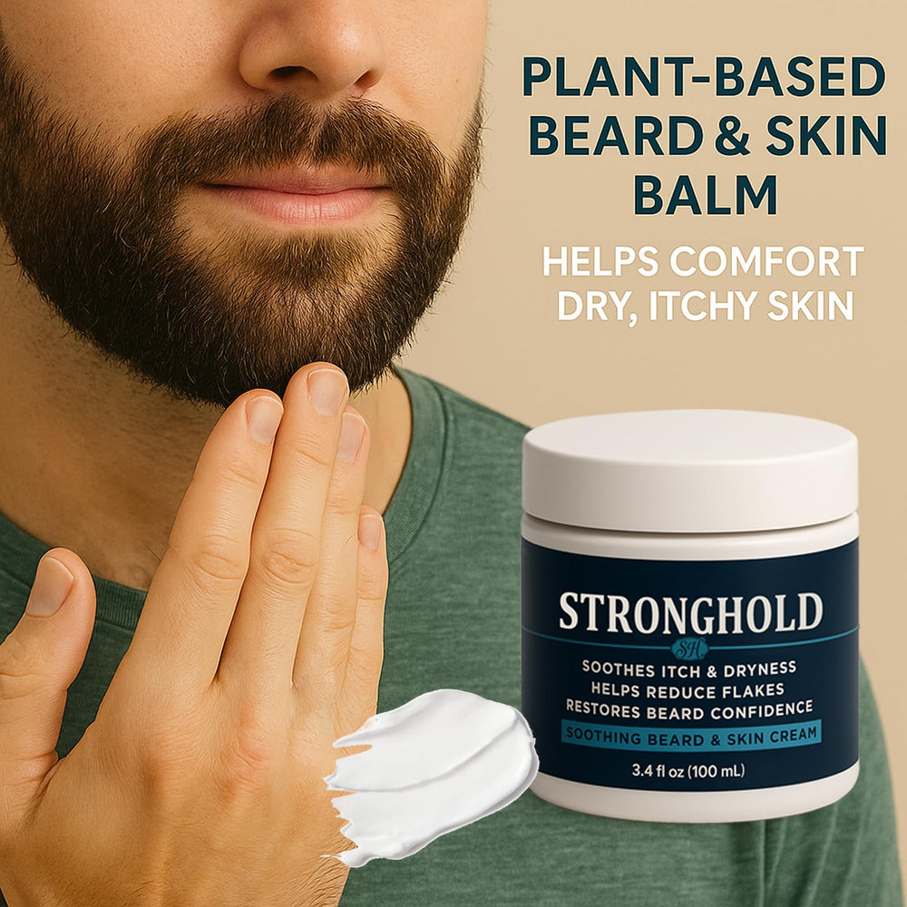 EBEHDOQ Stronghold Beard Cream closeup highlights natural shine and manageability.