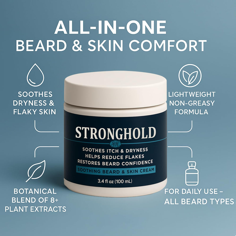 EBEHDOQ Stronghold Beard Cream dispense action demonstrates quick-absorb formula.