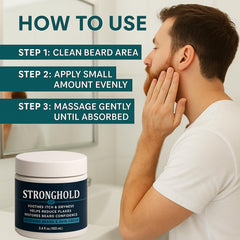 EBEHDOQ Stronghold Beard Cream massage into damp beard for soft hair.