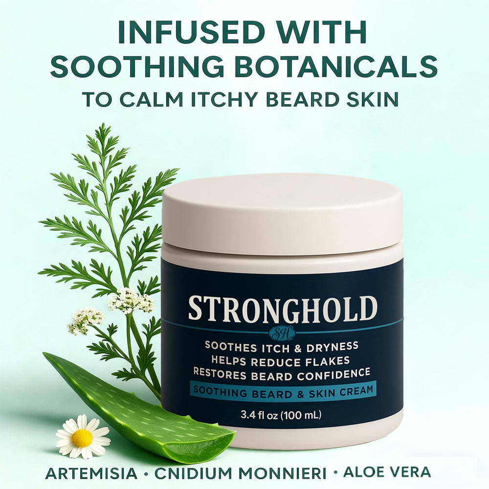 EBEHDOQ Stronghold Beard Cream packaging highlights clean, plant-based ingredients.