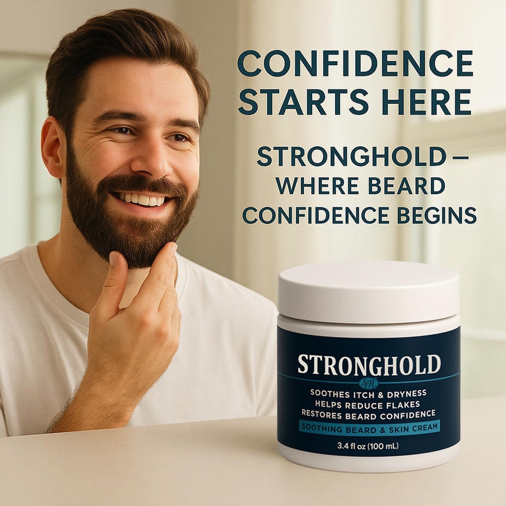 EBEHDOQ Stronghold Beard Cream closeup shows natural shine with non-greasy finish.