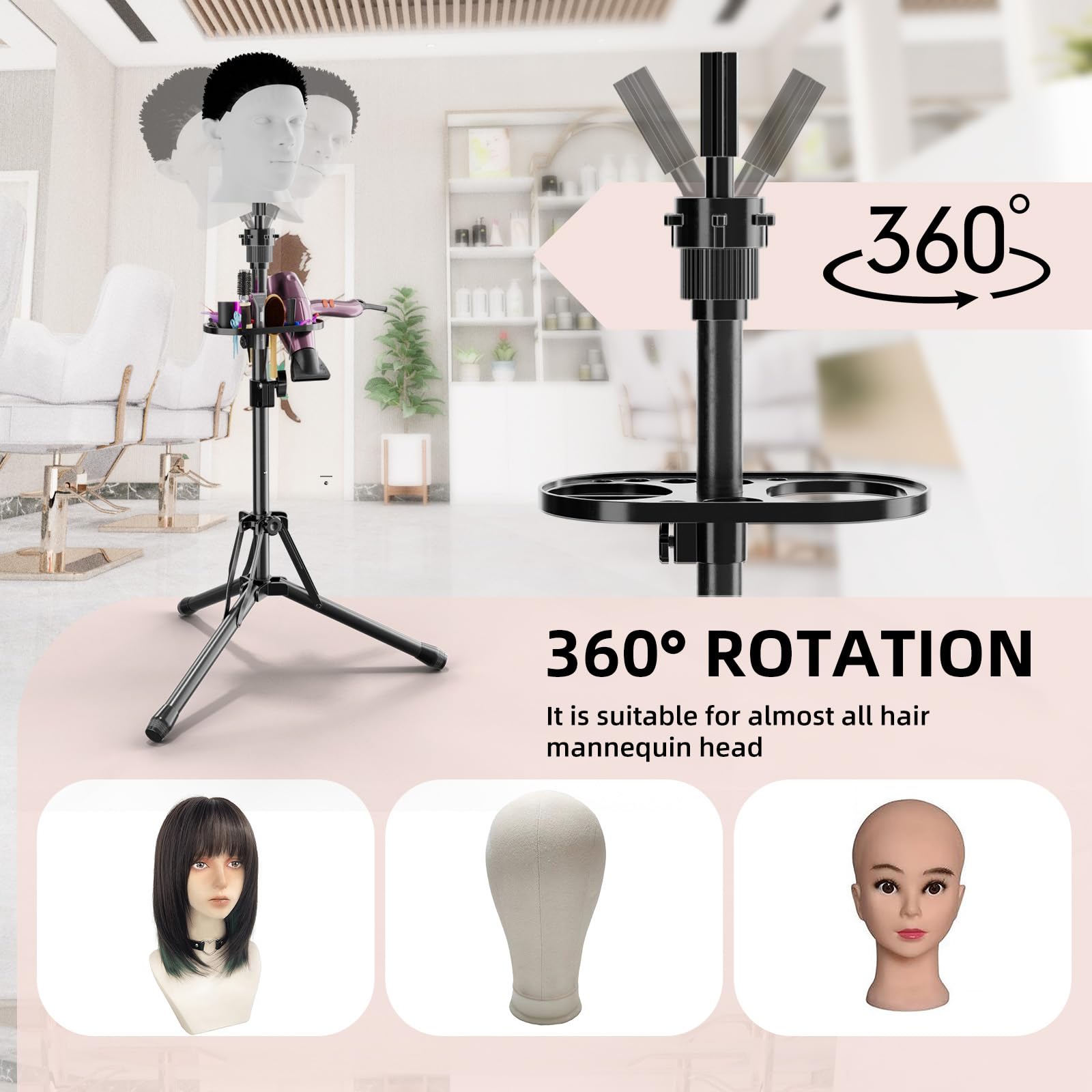 EBLIKI wig stand includes pins and hair clips for quick setup