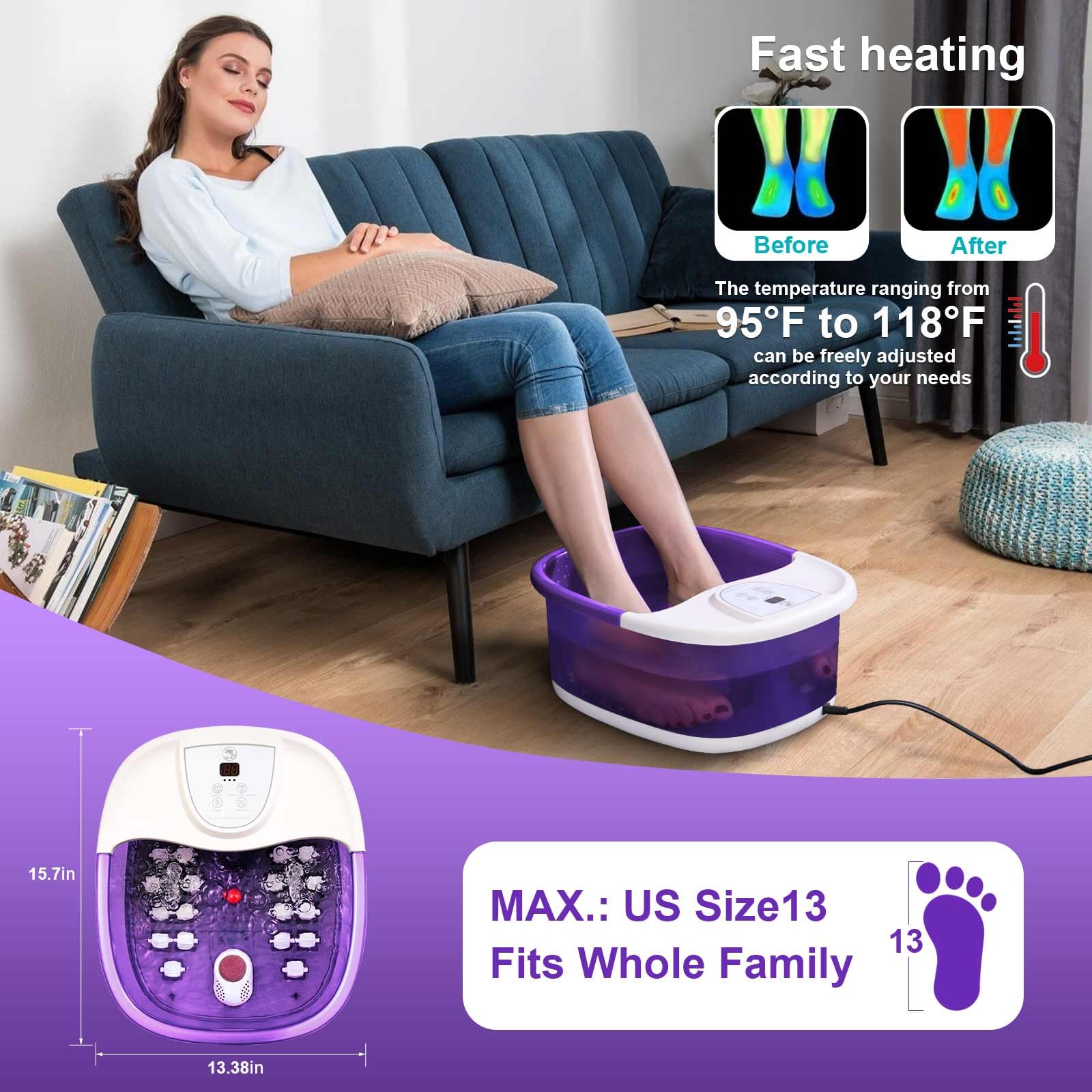 ECARBME foot spa massager temperature control for soothing warm soaks.