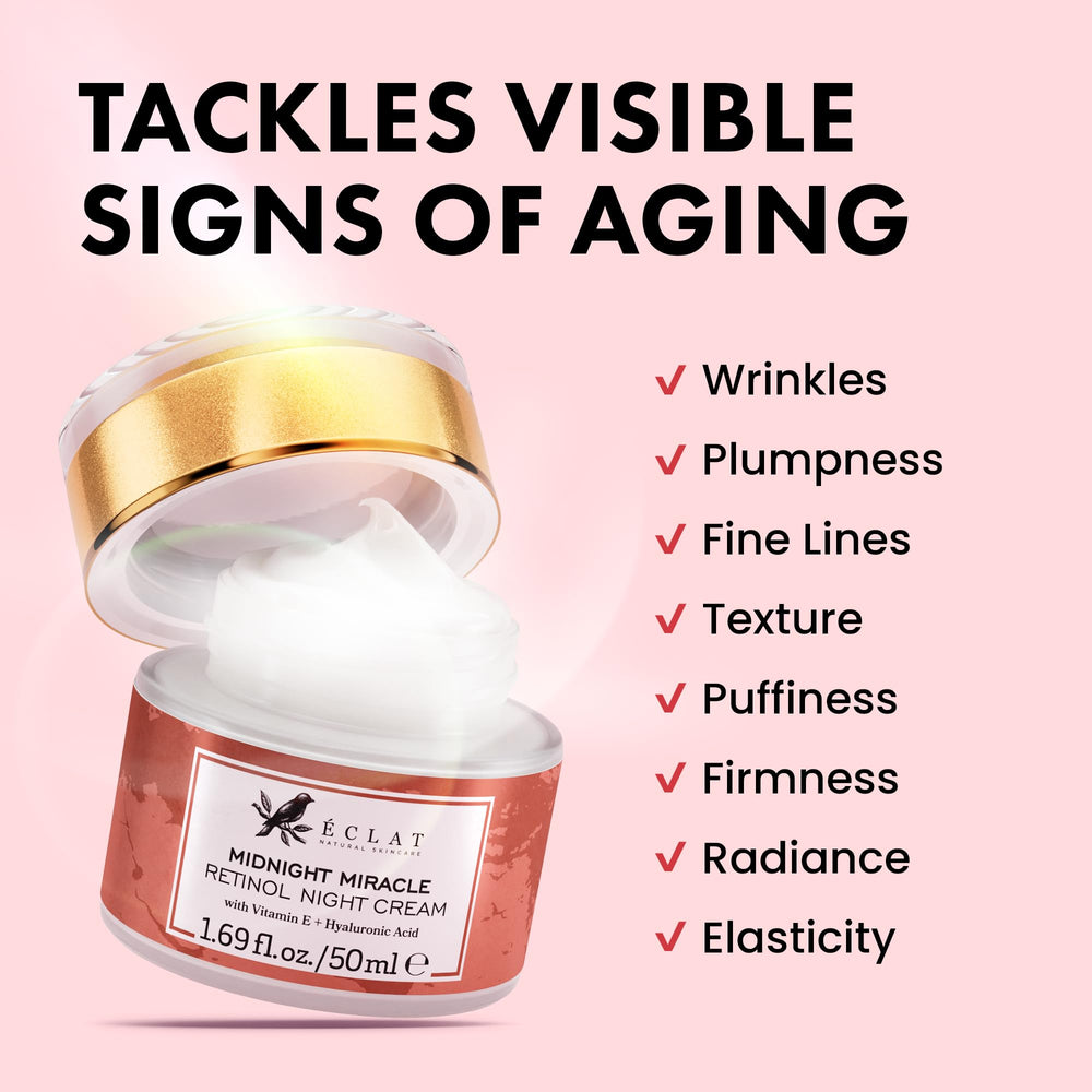Eclat Skincare Retinol Night Cream barrier-support image shows Centella asiatica and vitamin E for resilience.