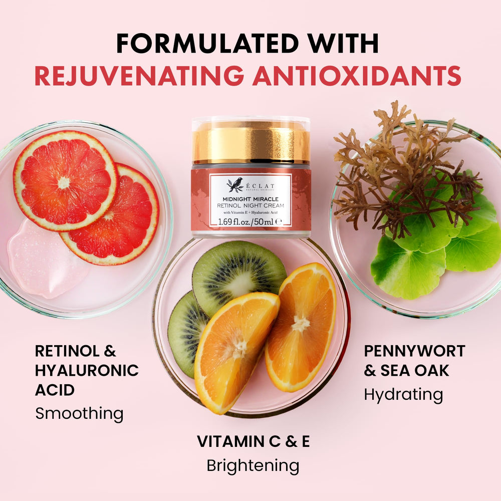 Eclat Skincare Retinol Night Cream hyaluronic acid action demonstrates plumping moisture for morning readiness.
