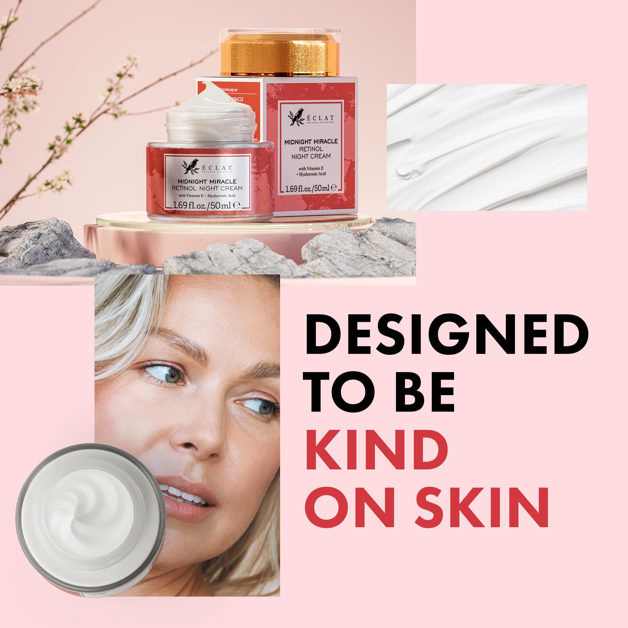 Eclat Skincare Retinol Night Cream packaging shows sleek bottle, ideal for gifting and daily use.