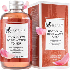 Eclat Skincare Rose Water Toner bottle shows a hydrating formula for refreshed skin