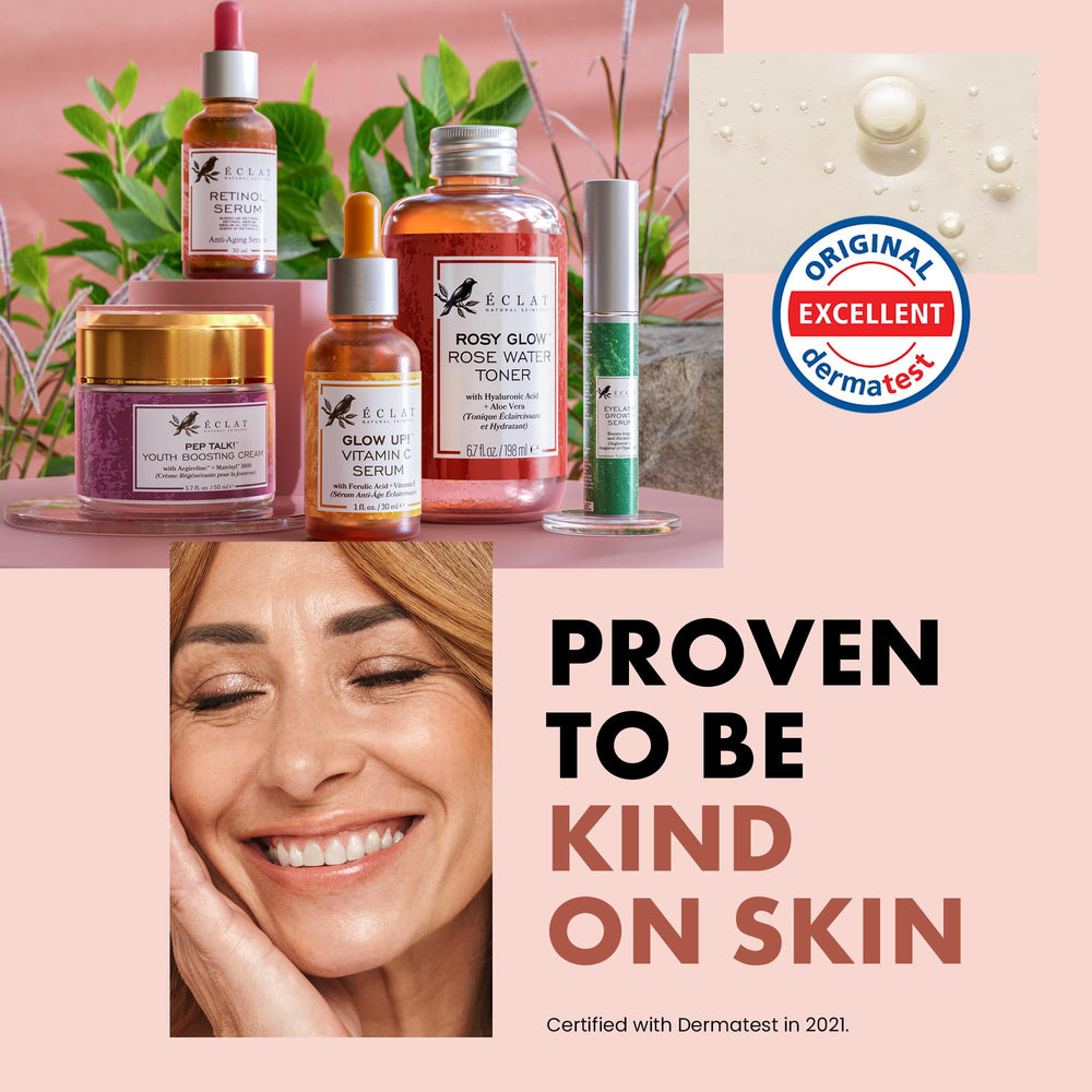 Eclat Skincare Rose Water Toner packaging shows vegan, cruelty-free formula