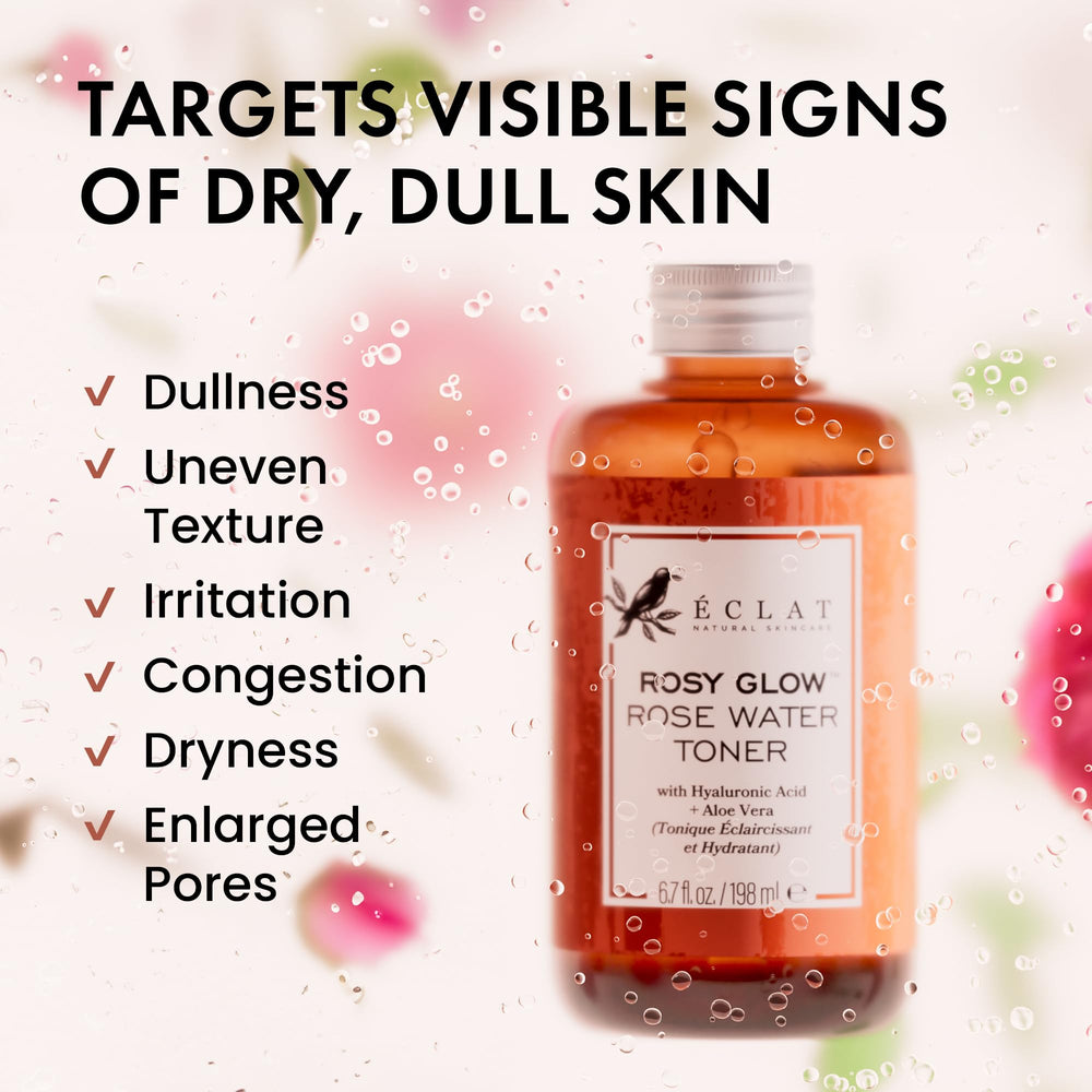 Eclat Skincare Rose Water Toner splash demonstrates quick toning for balanced skin