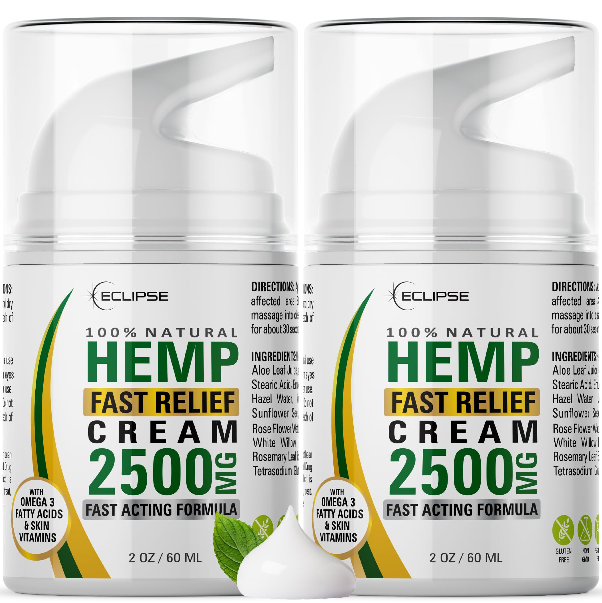 Eclipse Hemp Cream bottle front shows non-greasy formula for quick relief