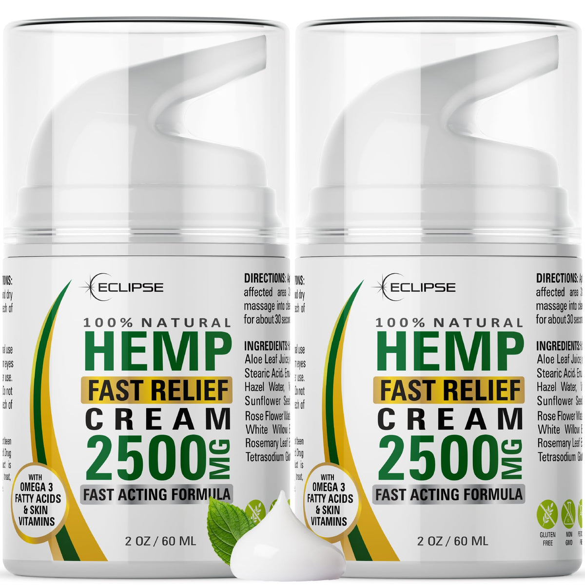 Eclipse Hemp Cream bottle front shows non-greasy formula for quick relief
