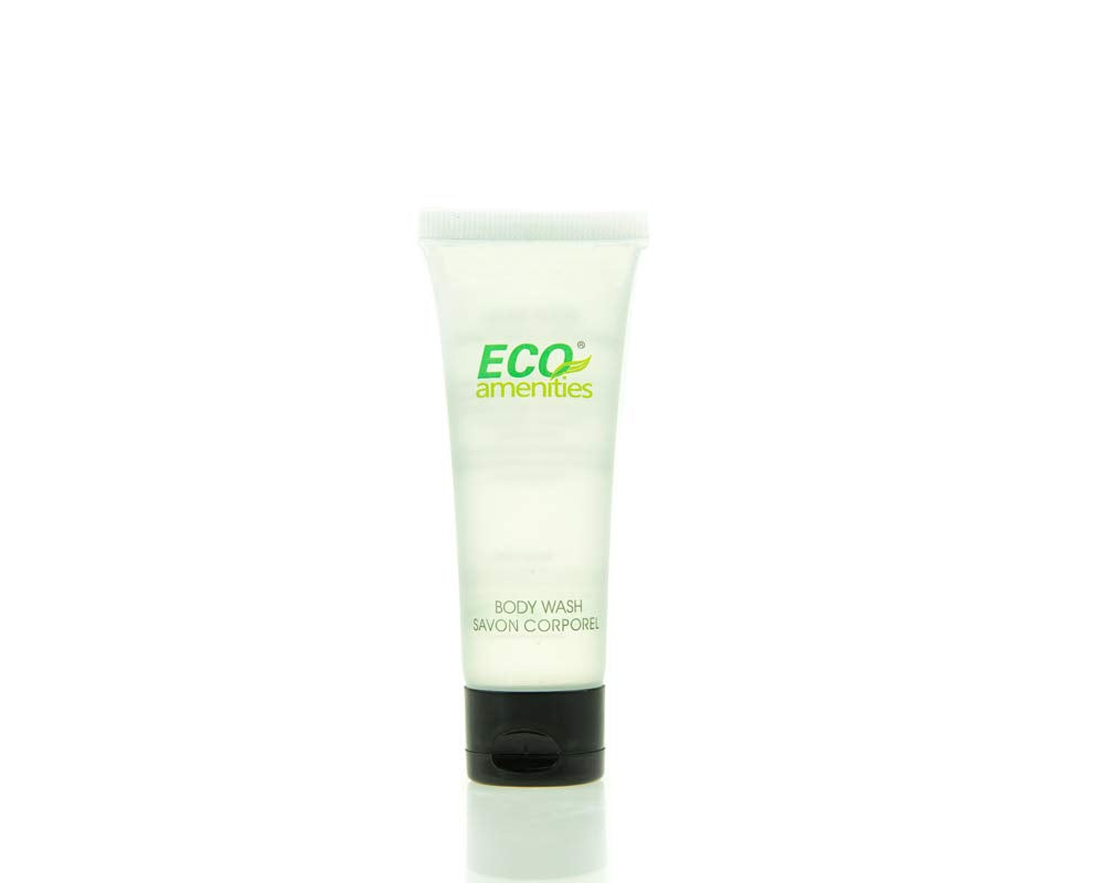 Green tea scented ECO Amenities body wash bottle for on-the-go travelers and hotel guests.