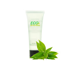 ECO Amenities 1oz bottles shown in bathroom display, perfect for guest refresh during stays.