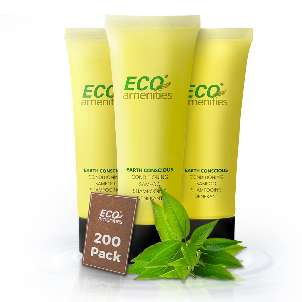 Eco Amenities mini travel shampoo bottle pour for easy on-the-go refreshment.