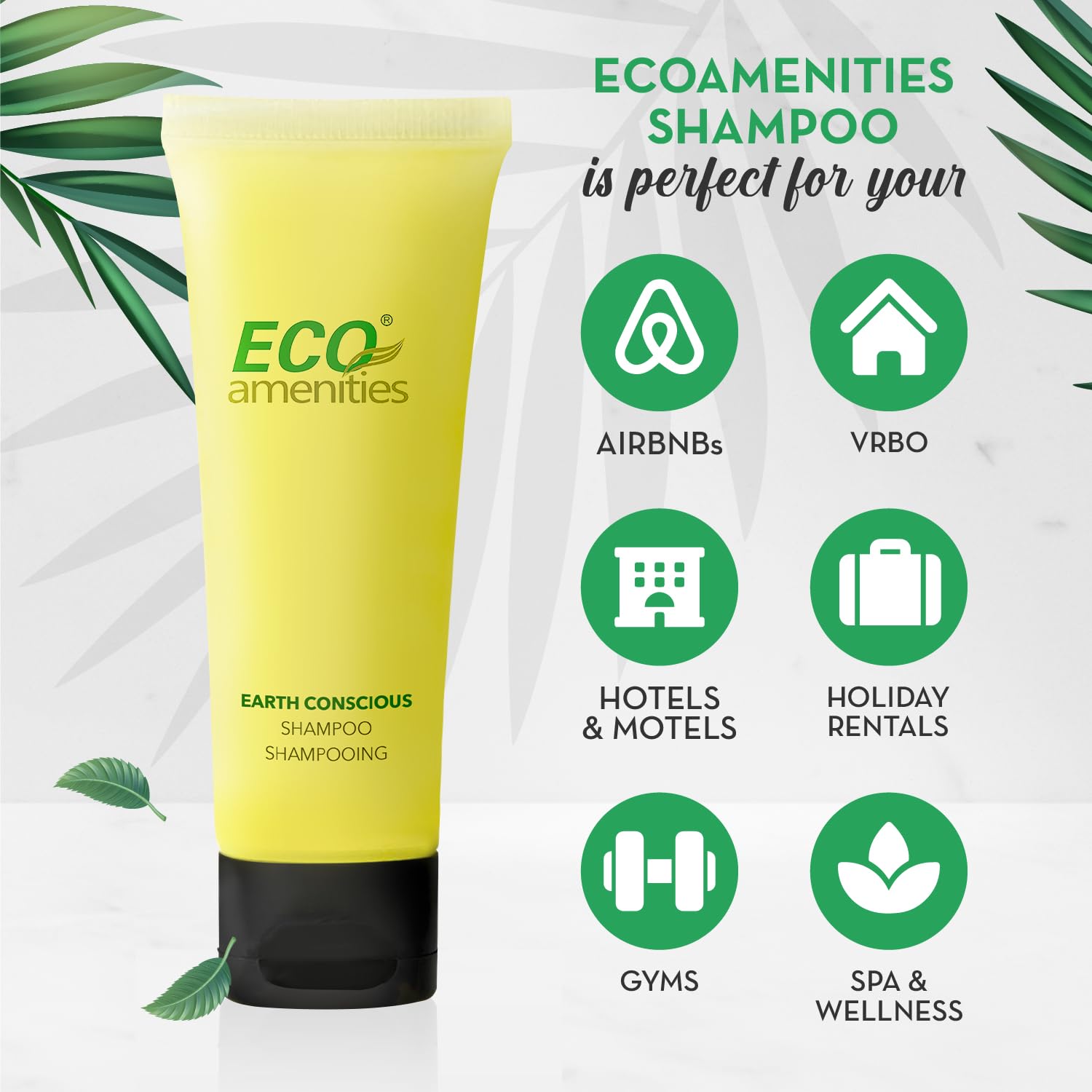 ECO amenities travel shampoo tubes clear flip-cap close-up highlighting easy portion control
