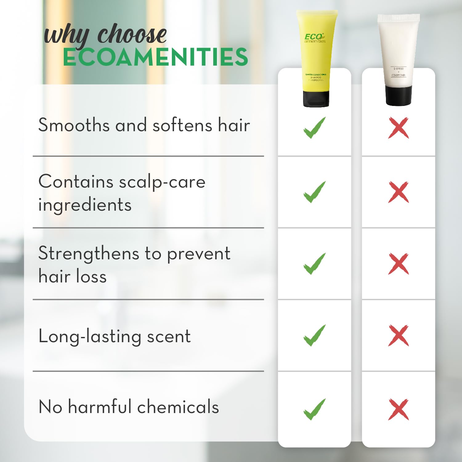 ECO amenities travel shampoo tubes green fragrance image evokes calming unisex scent