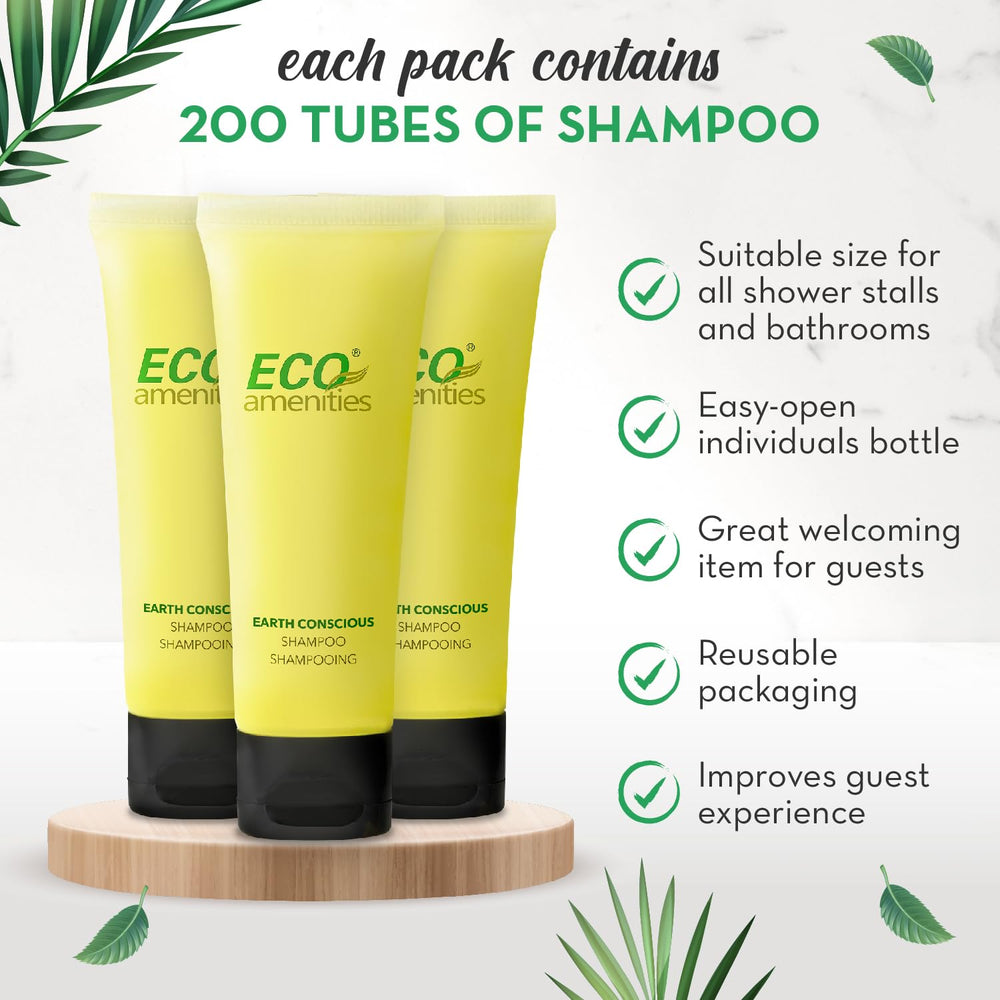 ECO amenities travel shampoo tubes guest bathroom display with TSA-approved travel size