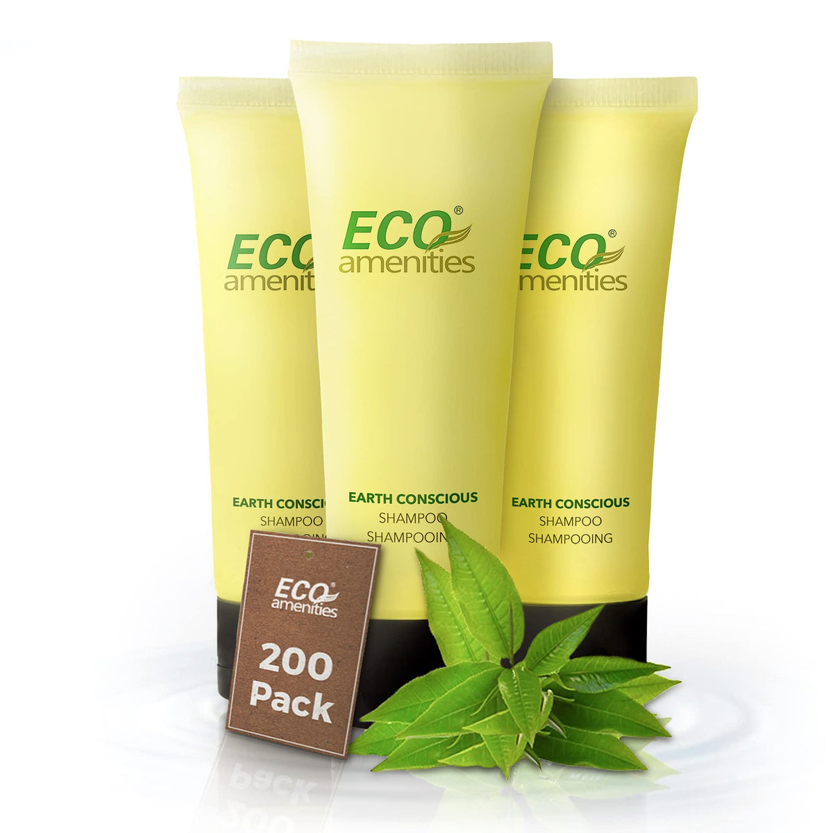 ECO amenities travel shampoo tubes packaging close-up for bulk hotel supply and guest rooms
