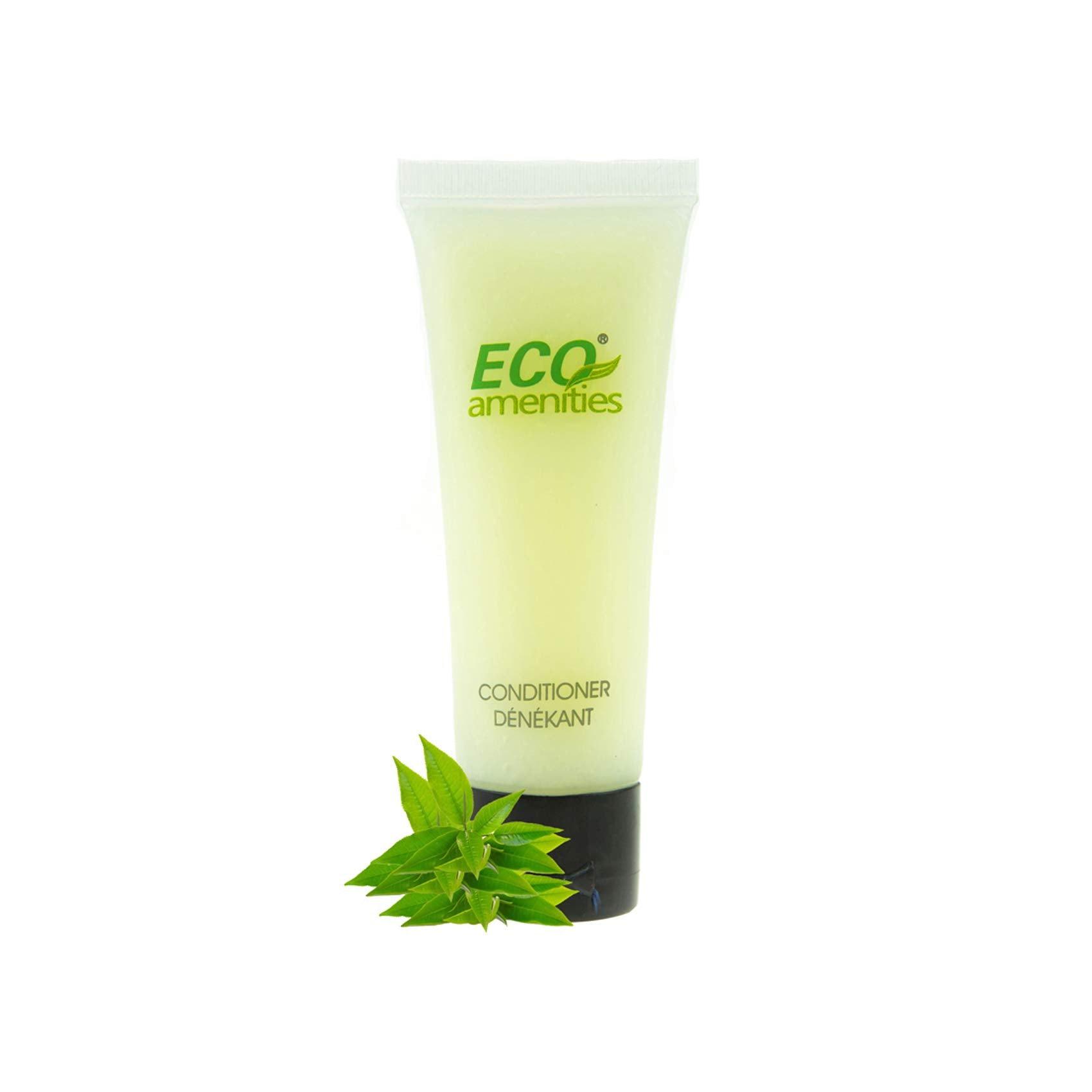 ECO Amenities clear container shows clean, neatly packaged conditioner for guests