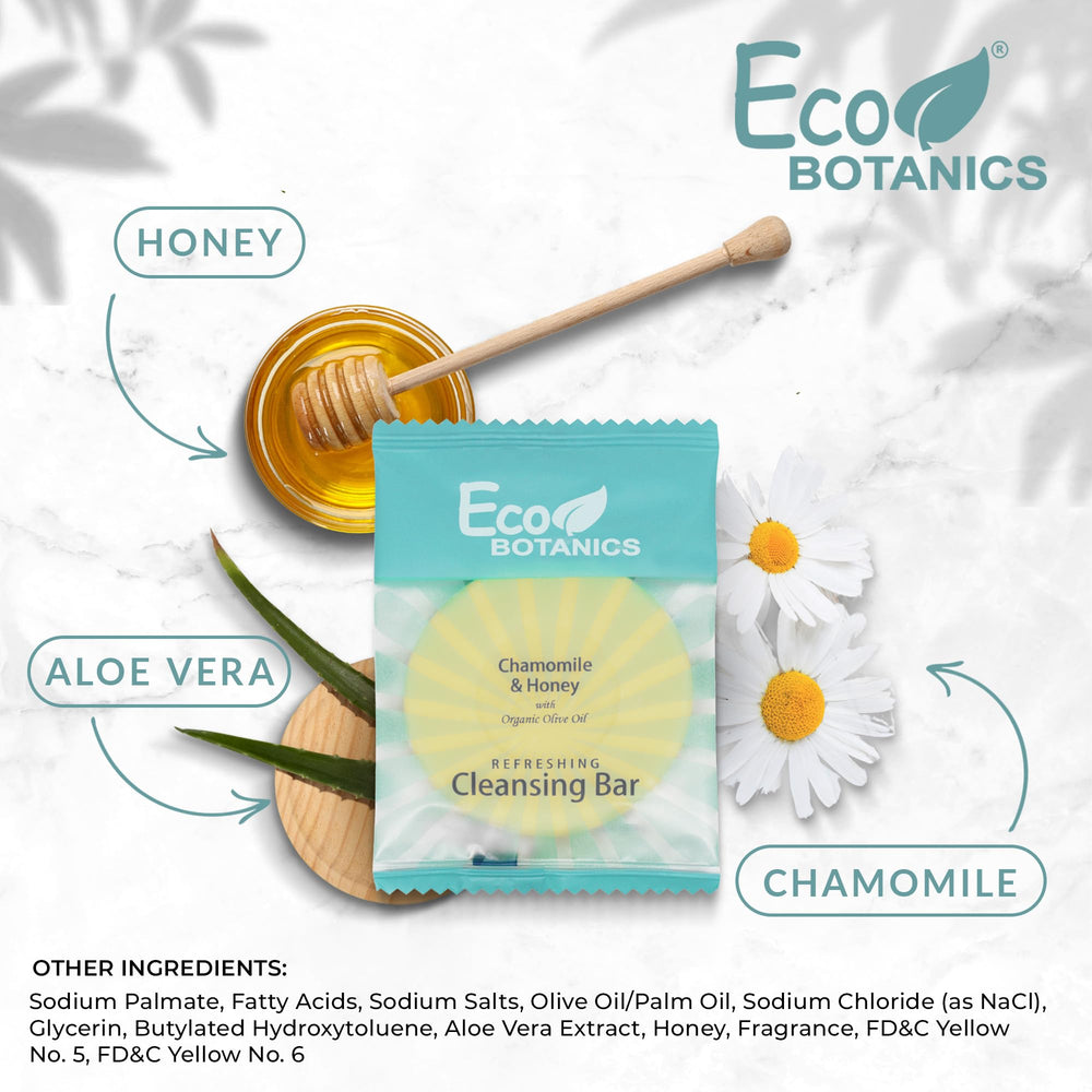 Eco Botanics hotel amenities set with slim cleansing bars for quick replenishment.
