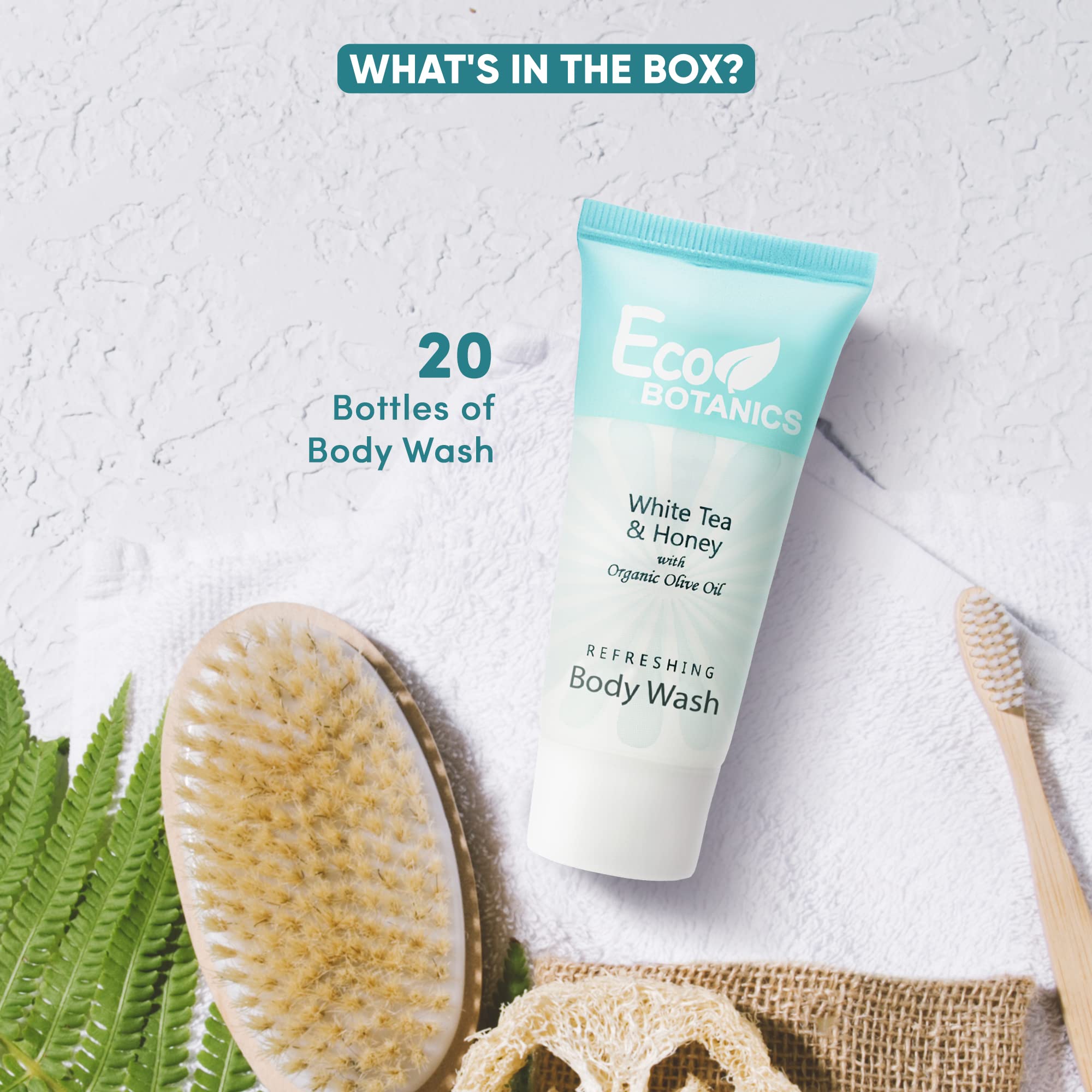 Eco Botanics hotel guest room display with premium bathroom amenities.