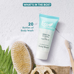 Eco Botanics hotel guest room display with premium bathroom amenities.