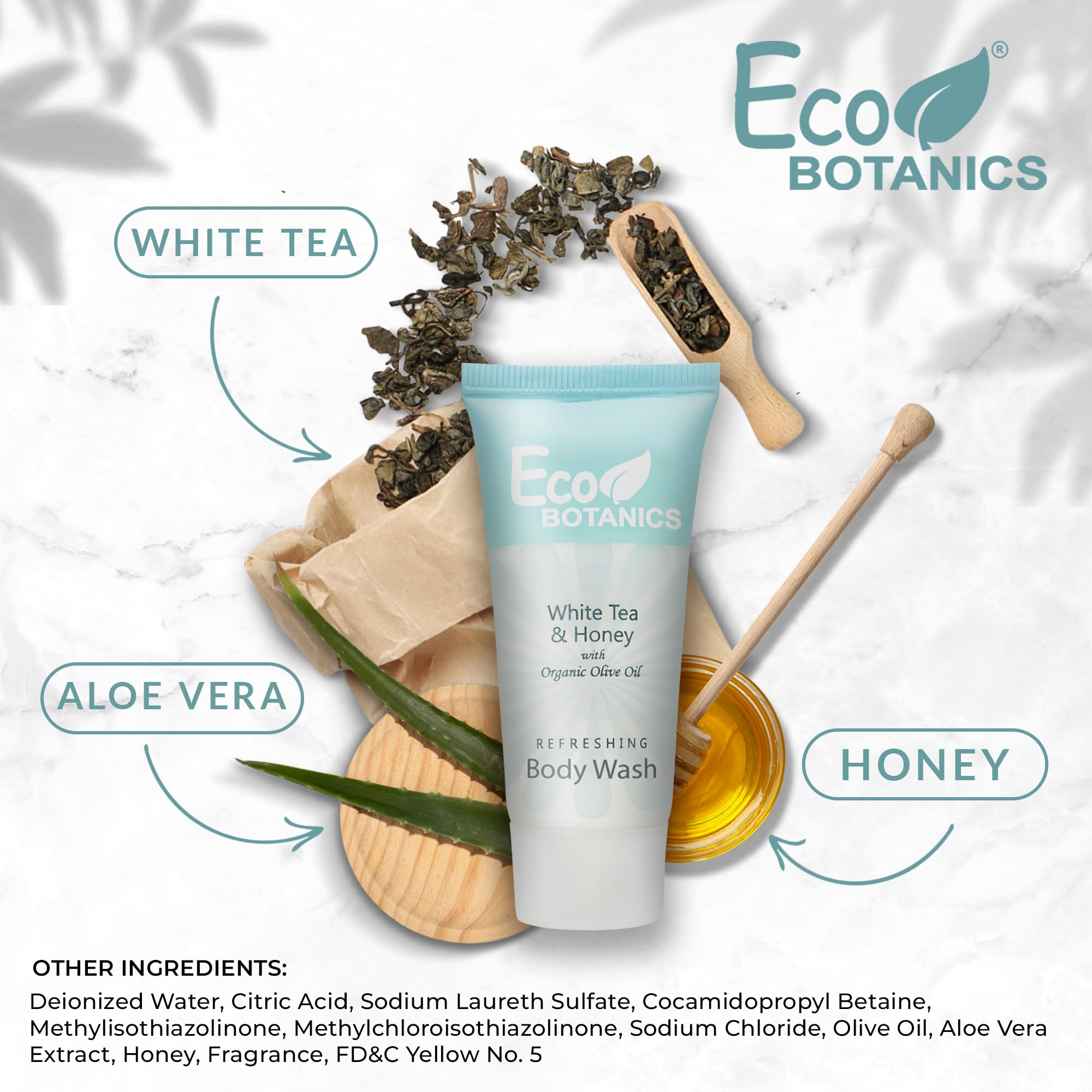 Eco Botanics organic aloe honey olive oil formula close-up label.