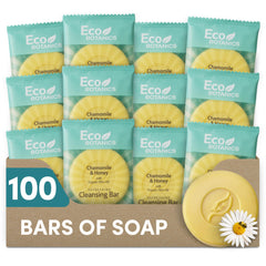 Eco Botanics travel cleansing bars packshot, compact guest amenities for easy room replenishment.