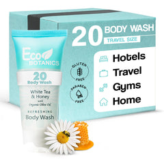 Eco Botanics travel size body wash bottle for hotels and guest rooms.
