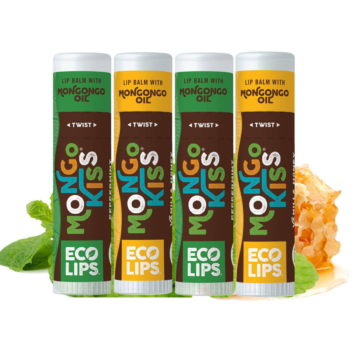 Eco Lips Mongo Kiss four-pack front view with generous, long-lasting tubes