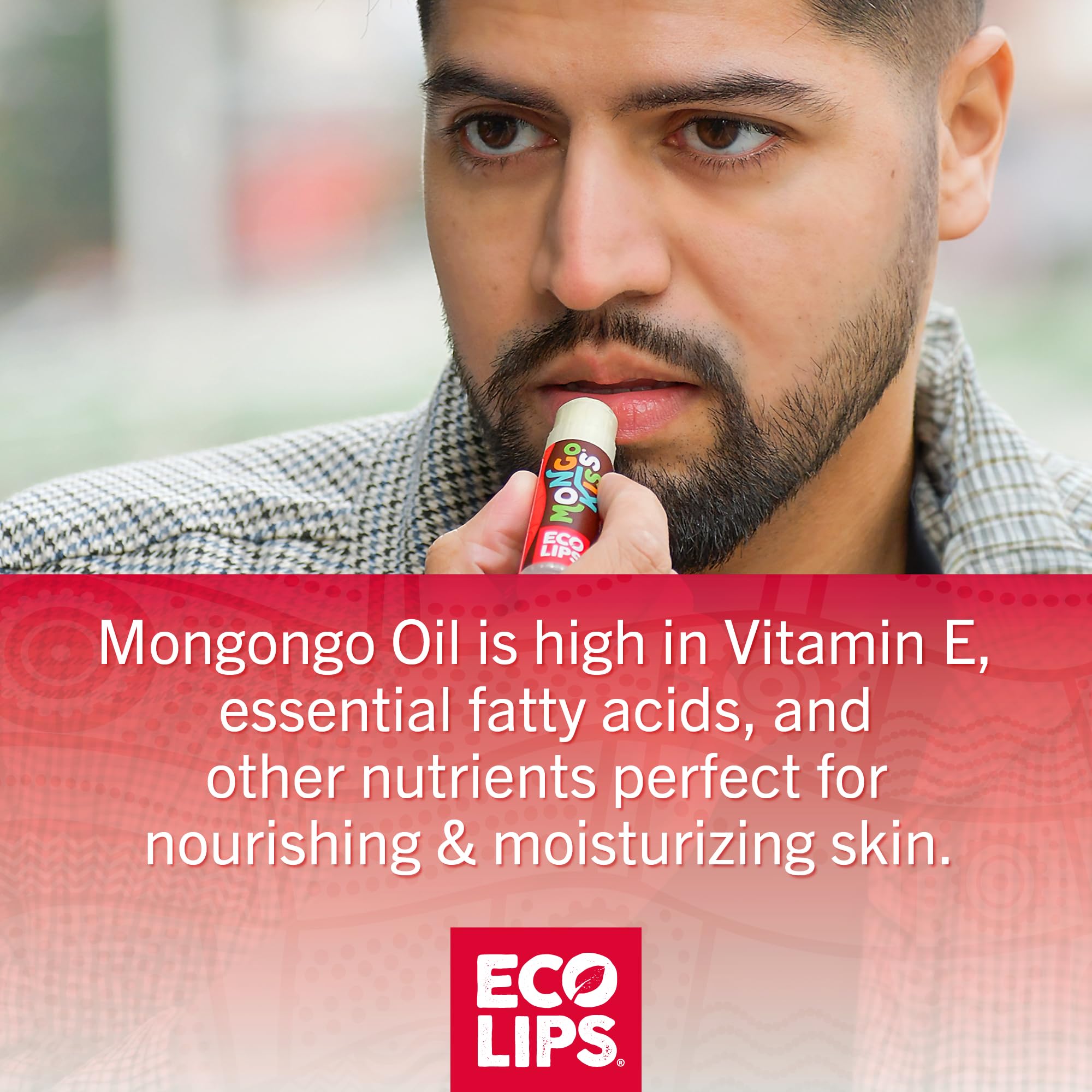 Eco Lips Mongo Kiss with mongongo oil for smoothing cracked lips.