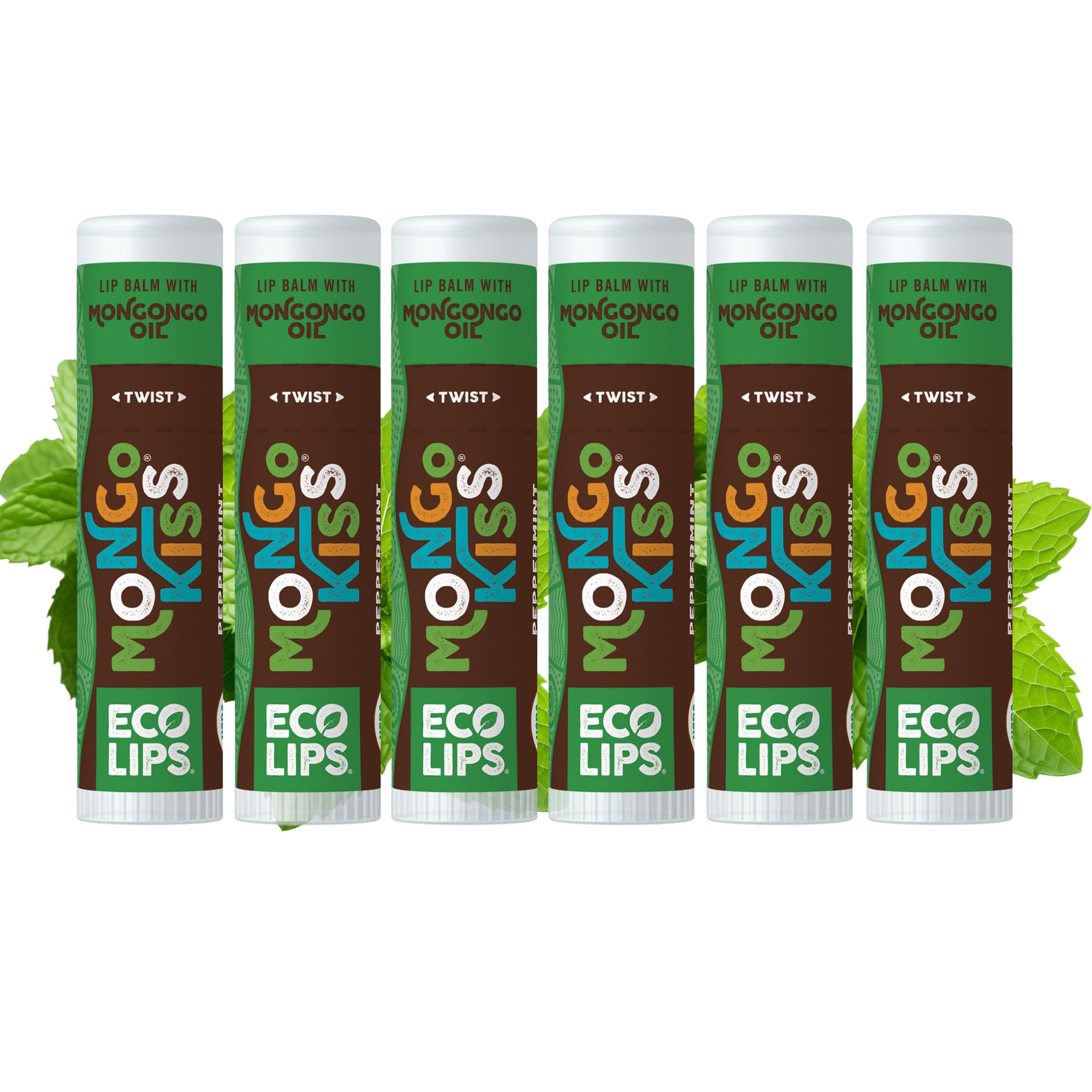 Eco Lips Mongo Kiss 6-pack tubes closeup, peppermint for dry lips.