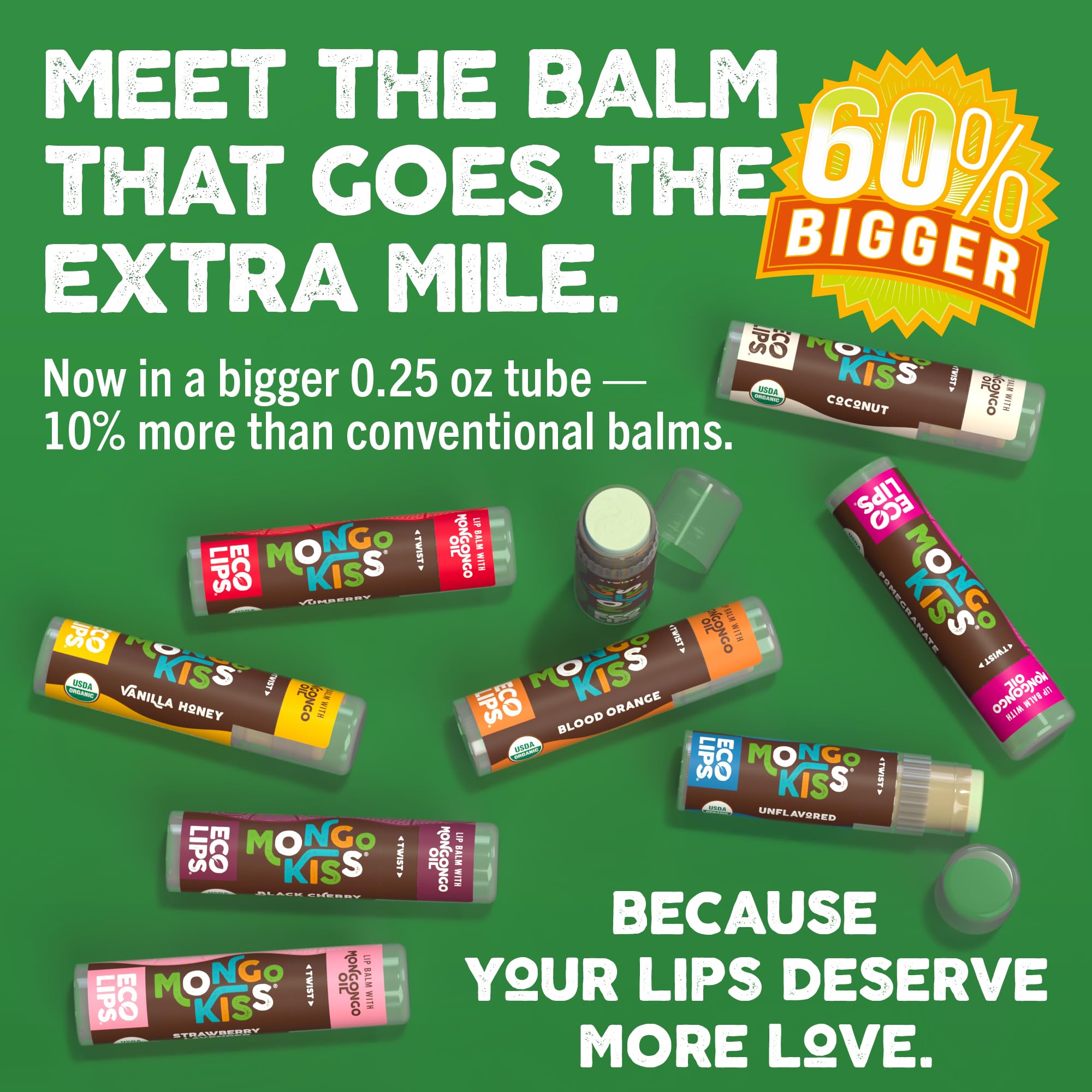 Eco Lips Mongo Kiss pomegranate lip balm tube adds fruity nourishment for everyday lips.