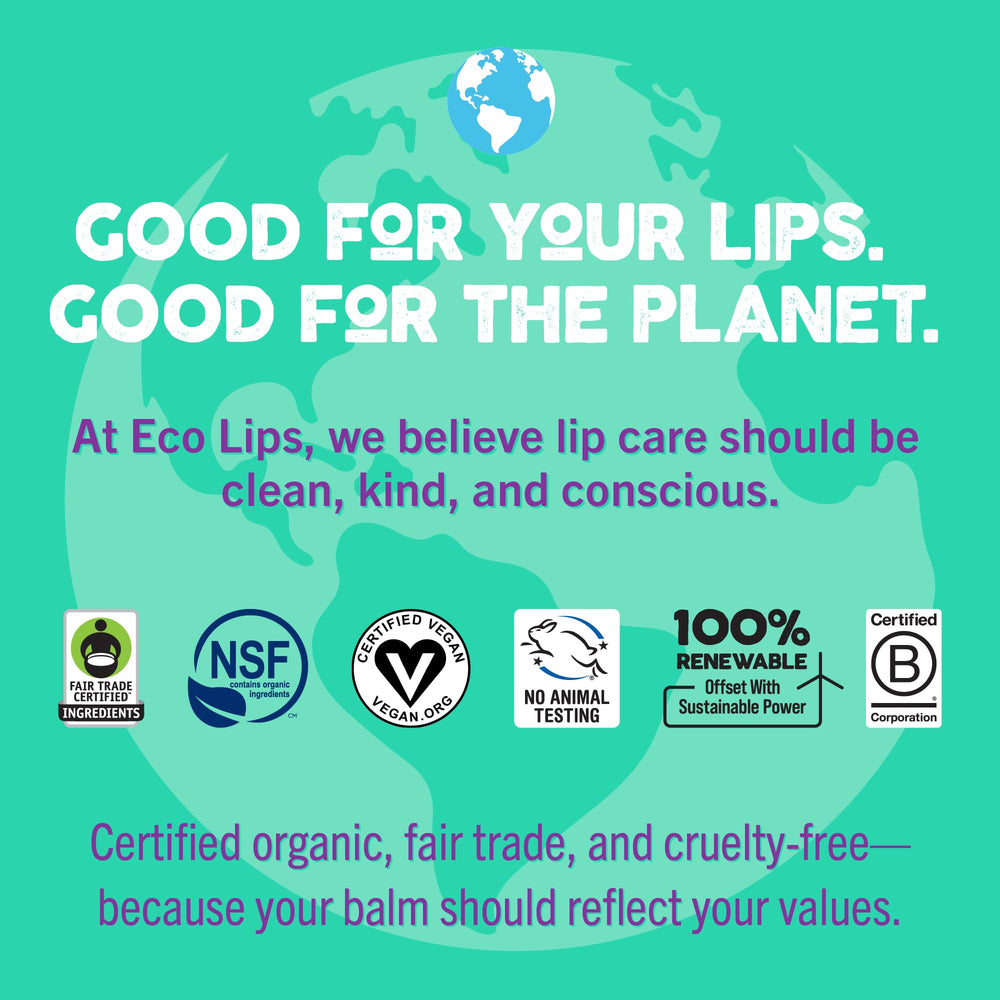 Eco Lips packaging with renewable-energy insignia demonstrates sustainability and B Corp practices.