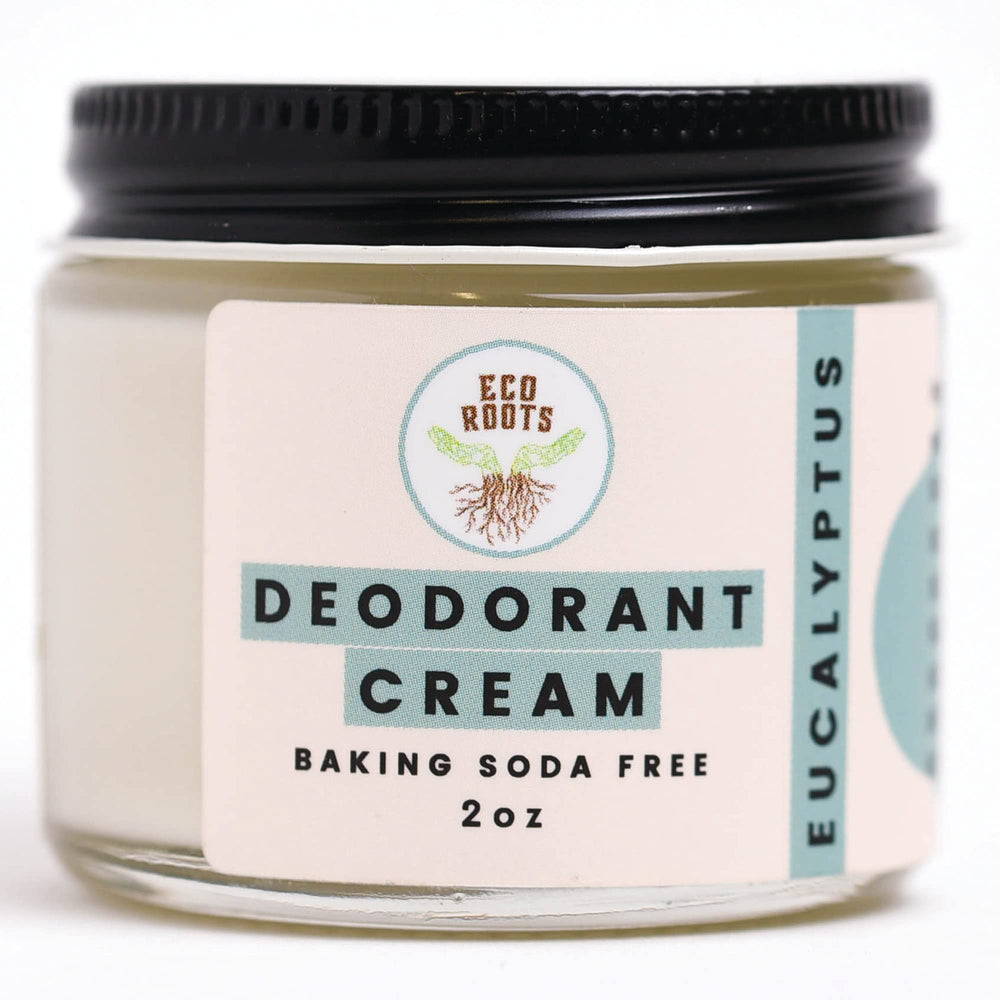 ECO ROOTS natural deodorant cream bottle highlights aluminum-free formula for sensitive skin.