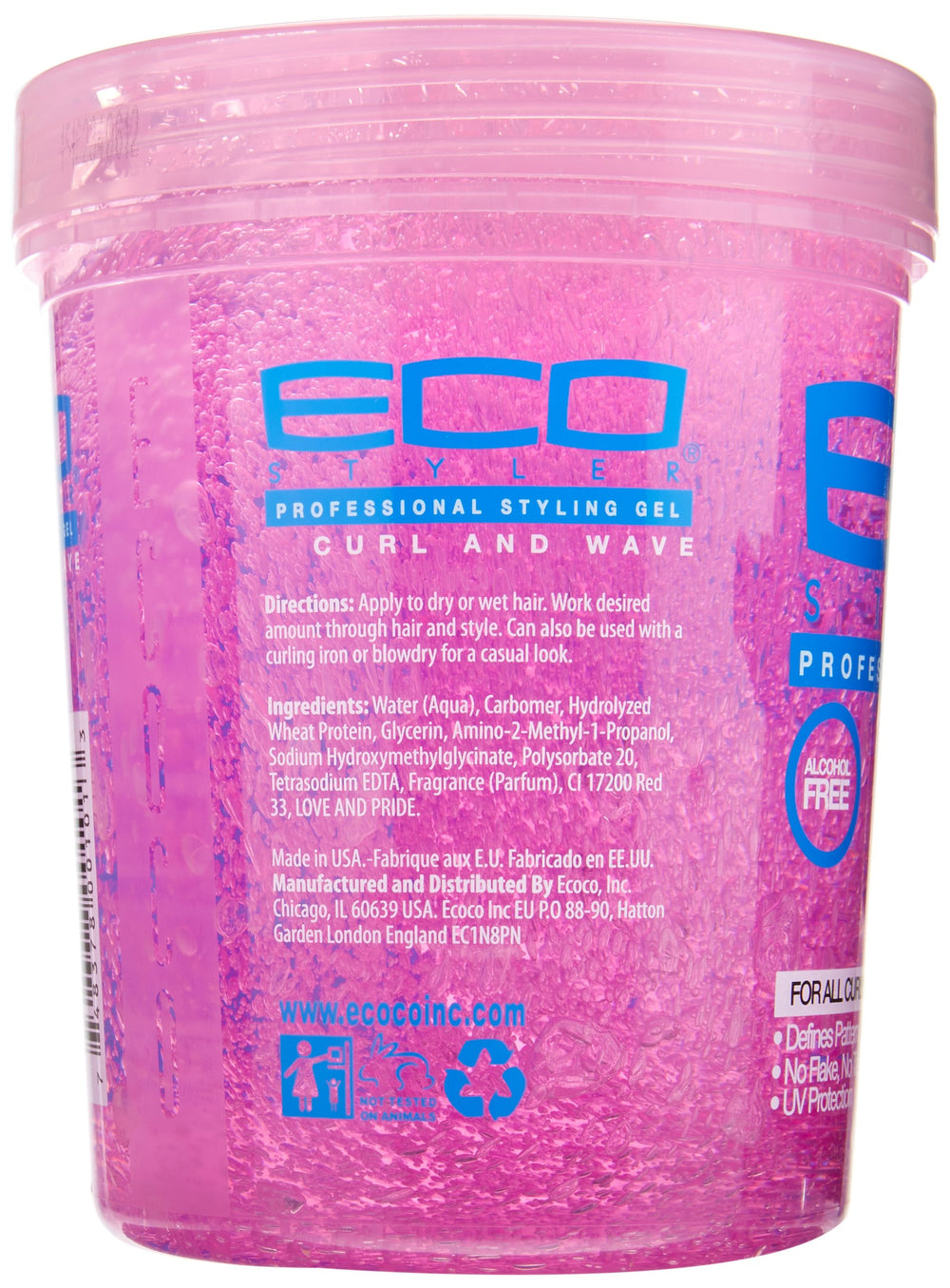 Ecoco Eco Style hair gel bottle highlights alcohol-free anti-itch formula benefits