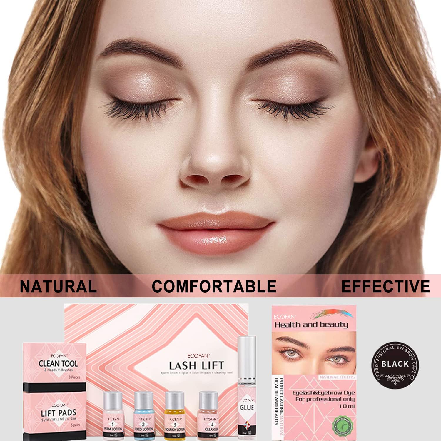 ECOFAN Lash Lift Black Kit dye tube close-up highlights rich black color.