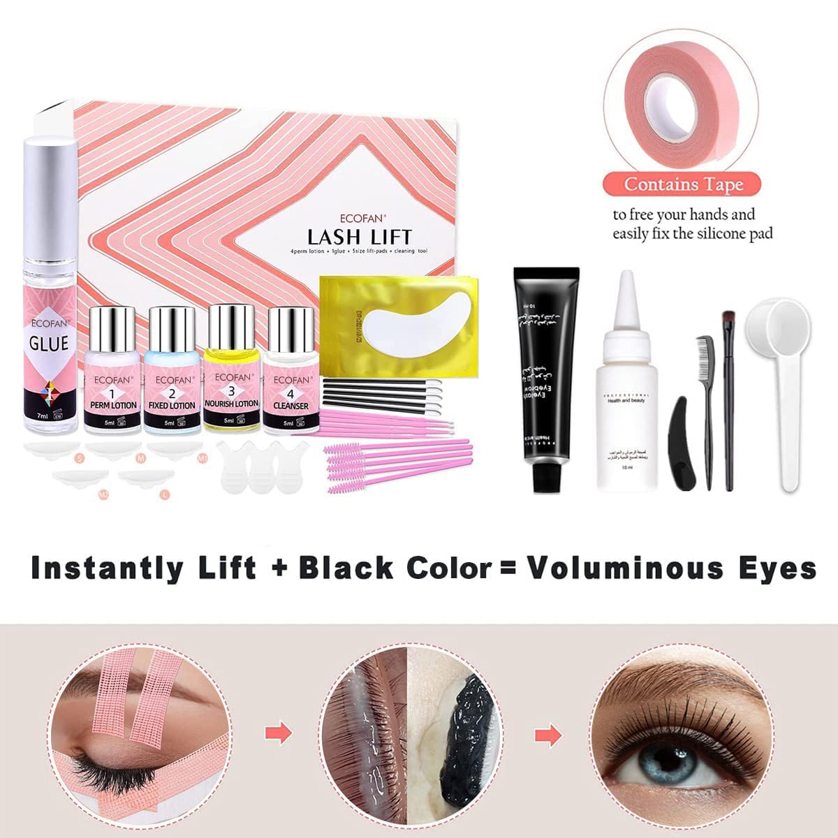 ECOFAN Lash Lift Black Kit lift-pads close-up adapts to various eye shapes.