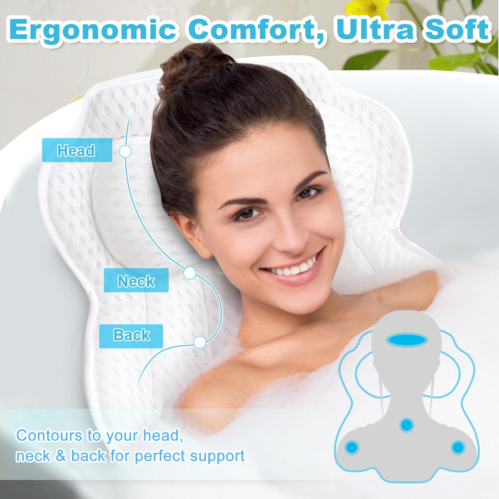 EcoHLL bath pillow features 4D mesh for breathable, quick-dry comfort.