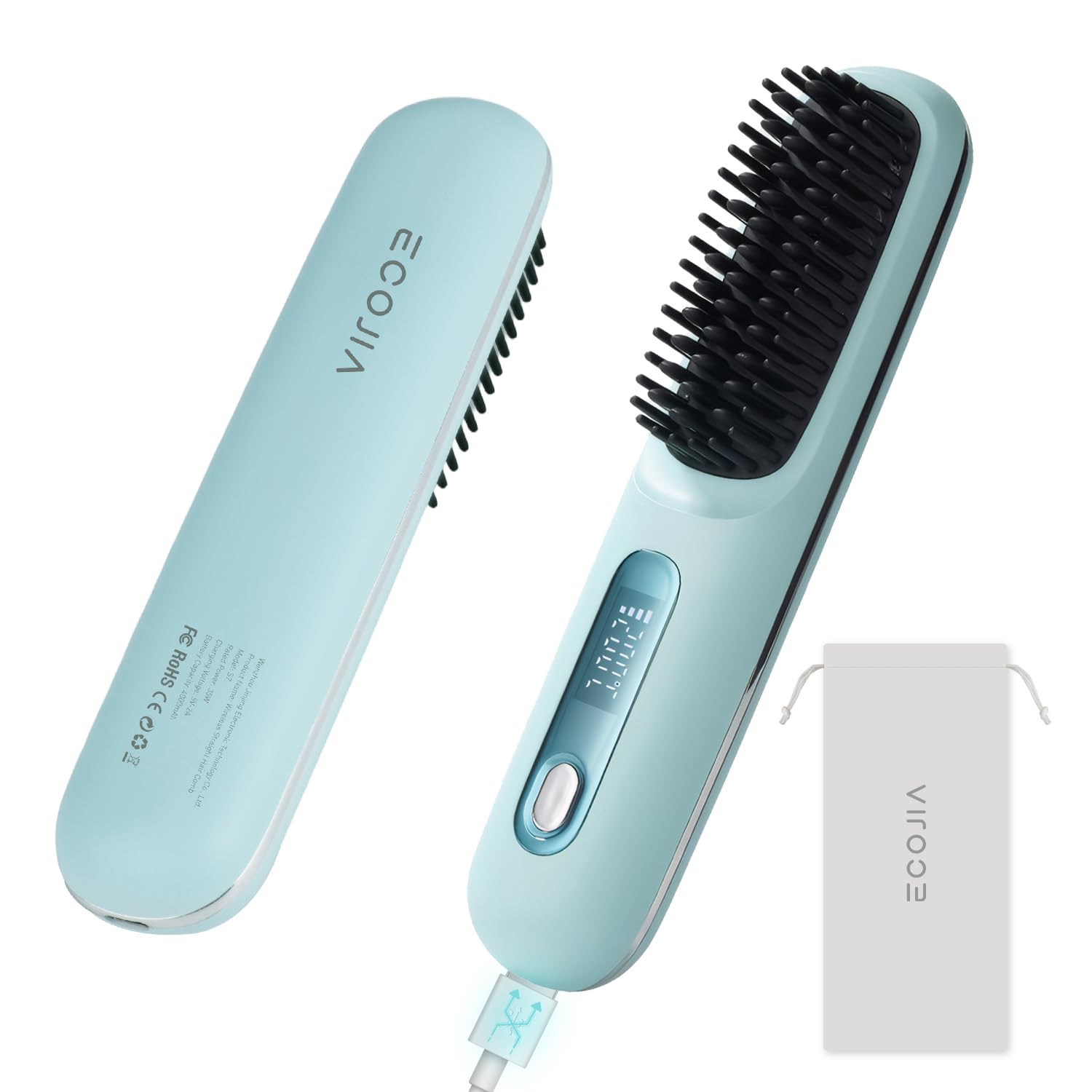 ecojia cordless hair straightener brush front LCD view highlights fast heat-up and easy styling