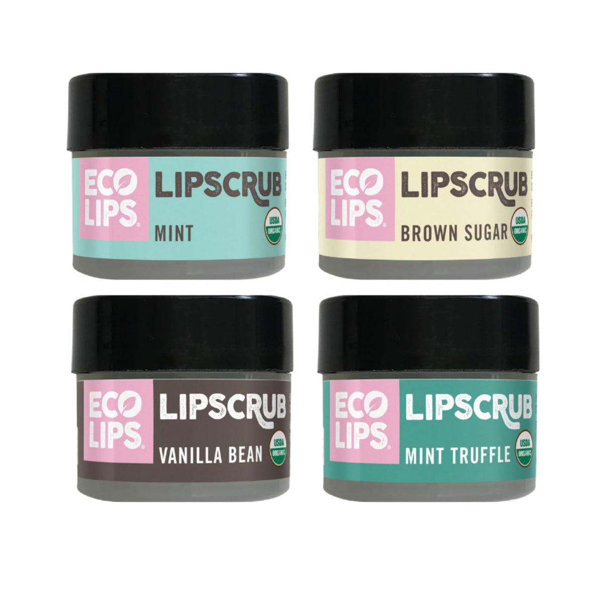 Eco Lips Lip Sugar Scrub variety 4-pack jars ready for exfoliation on vanity