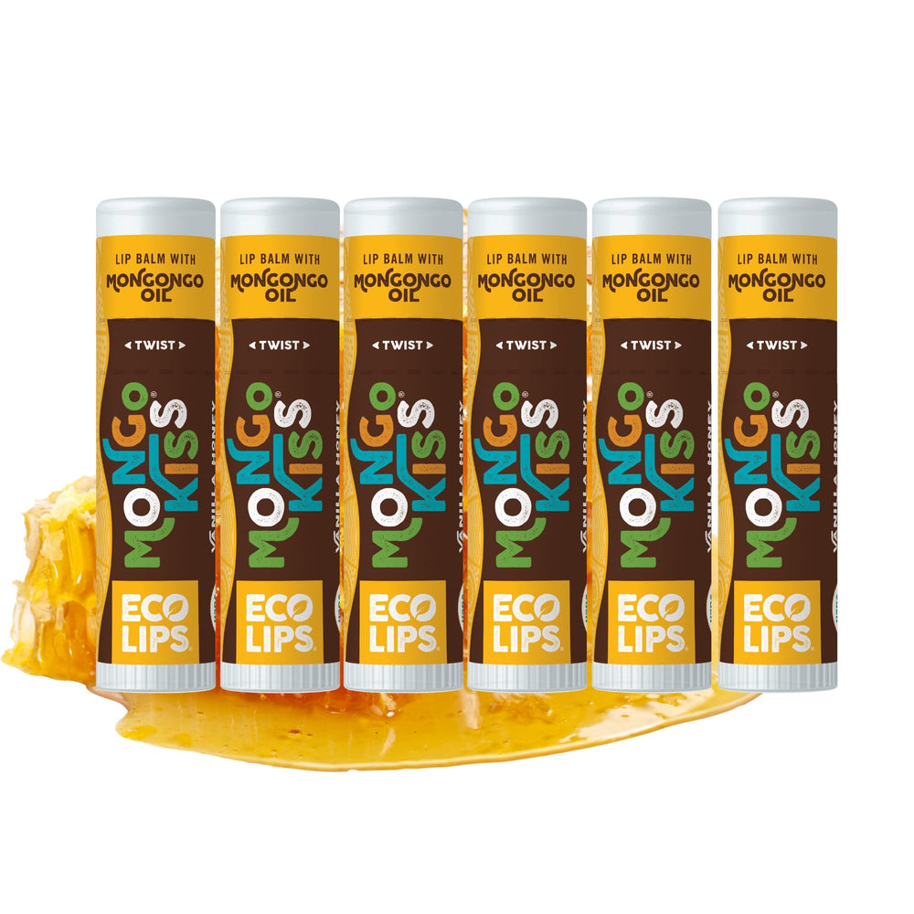 Eco Lips Mongo Kiss six-pack tubes on display for everyday lip moisture.