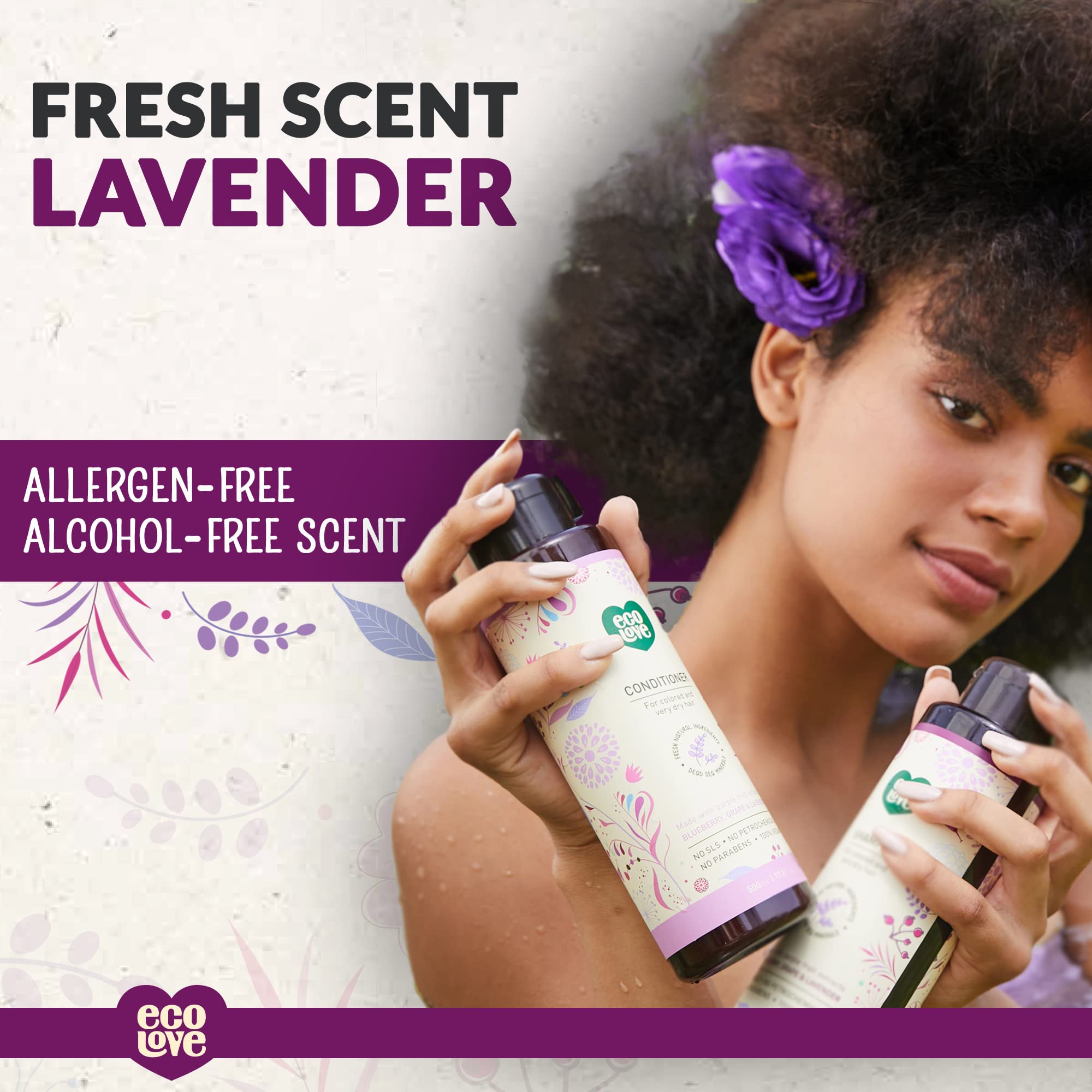 ecolove organic blueberry extract closeup highlights natural ingredients for dry hair repair.
