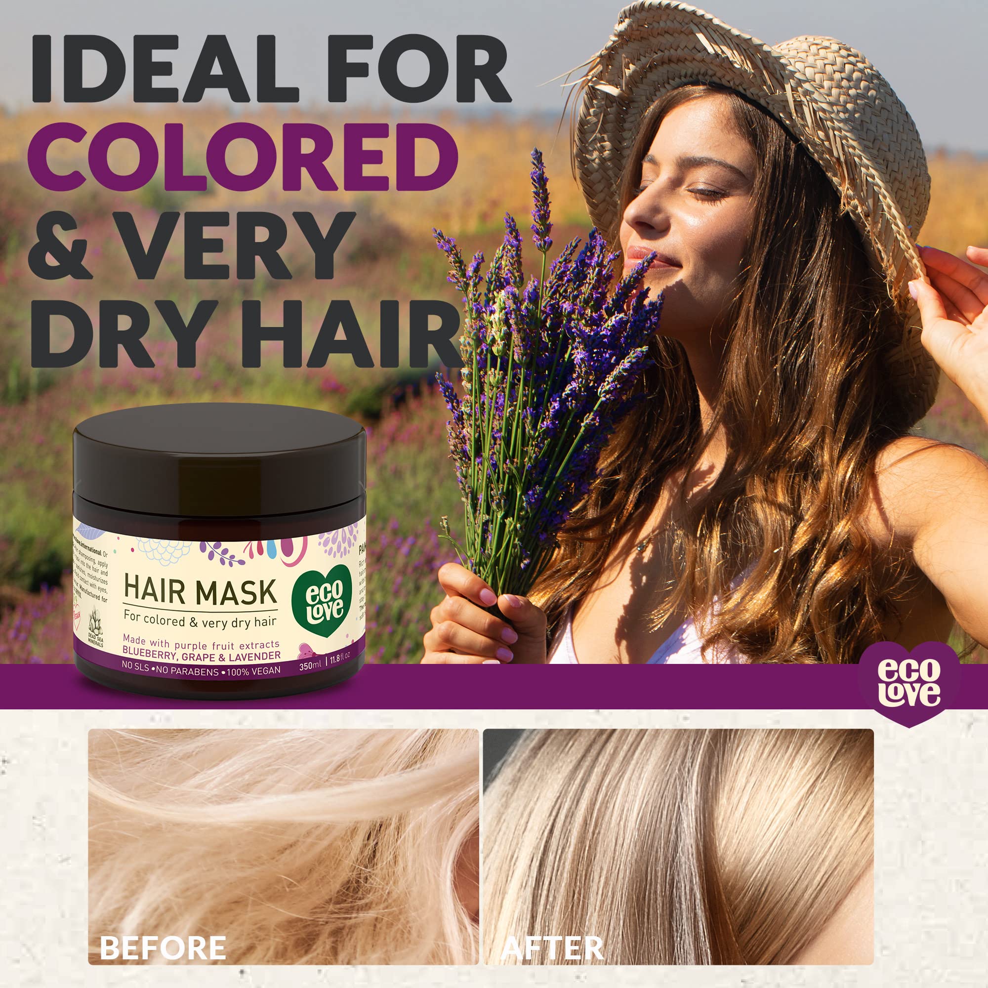 ecoLove lavender packaging emphasizing vegan, organic formulation.